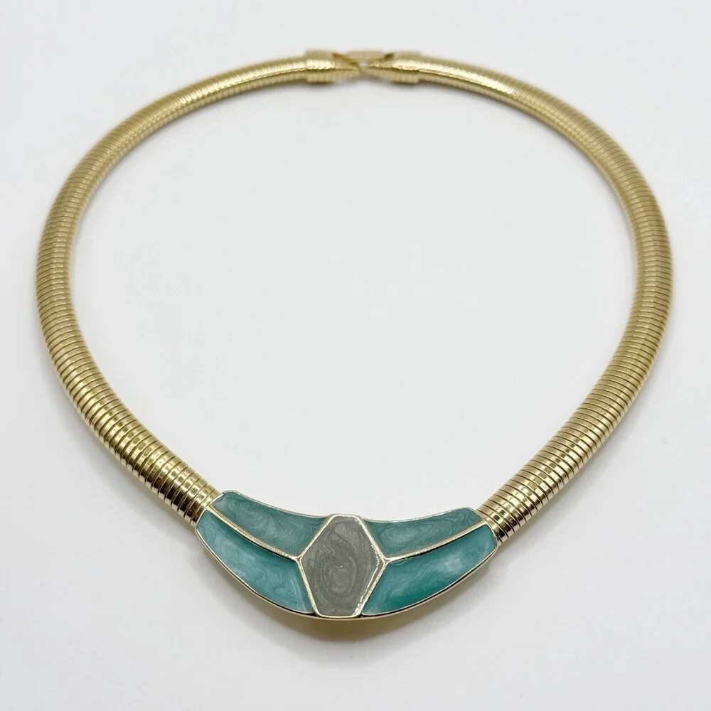 Vintage Trifari‎ Aqua Enamel Collar Necklace 1980s Goldtone